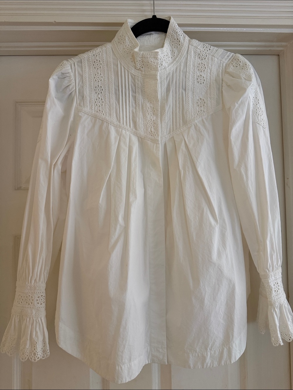 Rebecca Taylor White Lace Yoke High-Neck Blouse